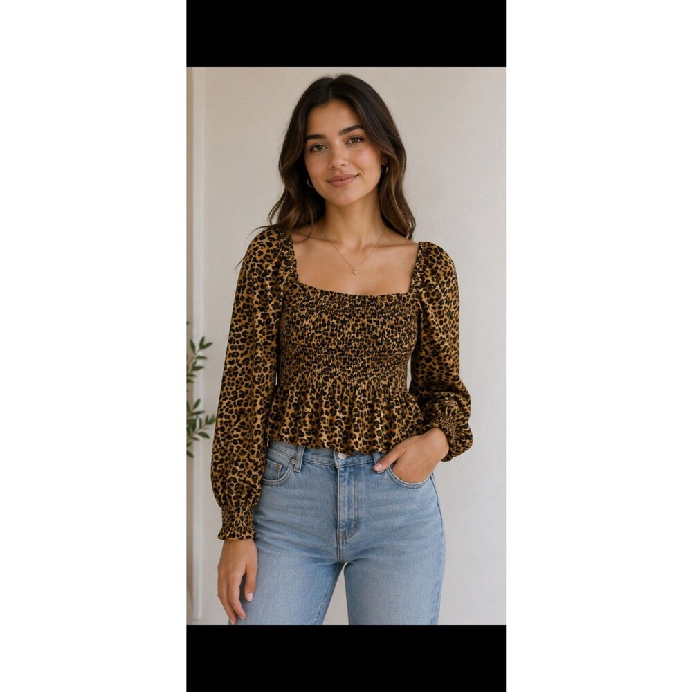 miami Leopard Print Smocked Long-Sleeve Peplum Top - Brown Black